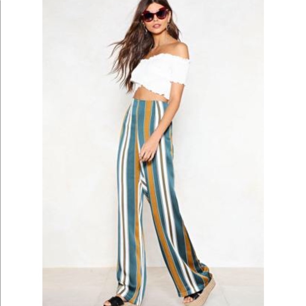 Nasty Gal Teal, Mustard & White Vertical Stripe Wide-Leg Pants